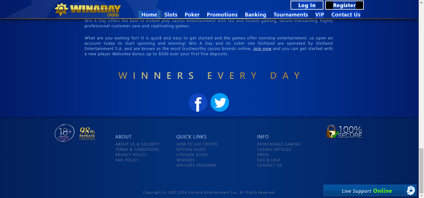 winaday casino bottom of home page