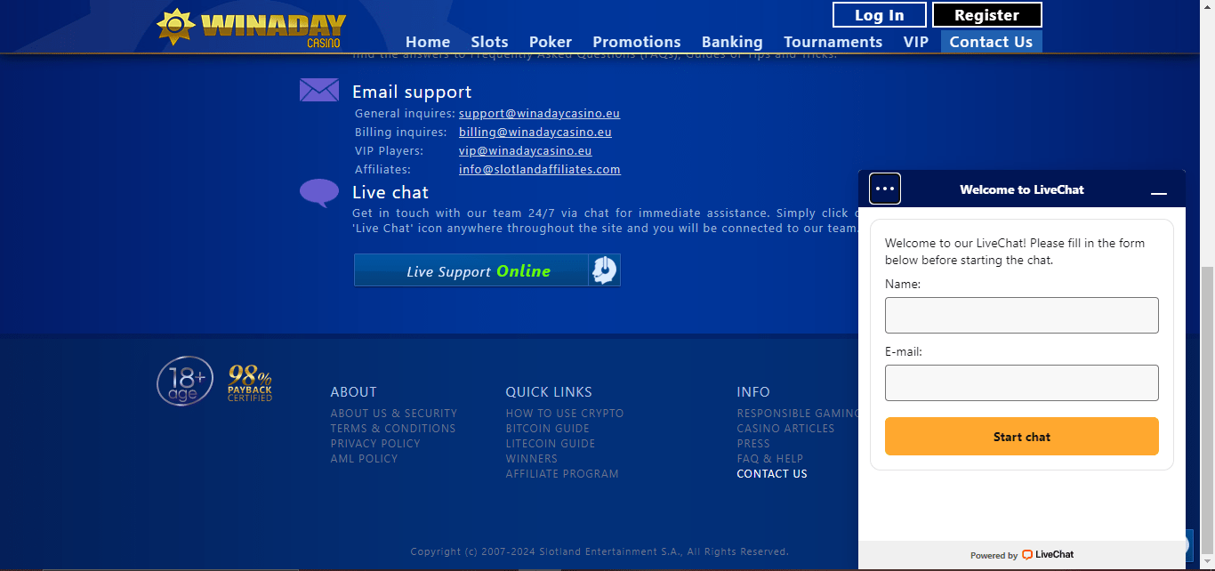 winaday casino customer support