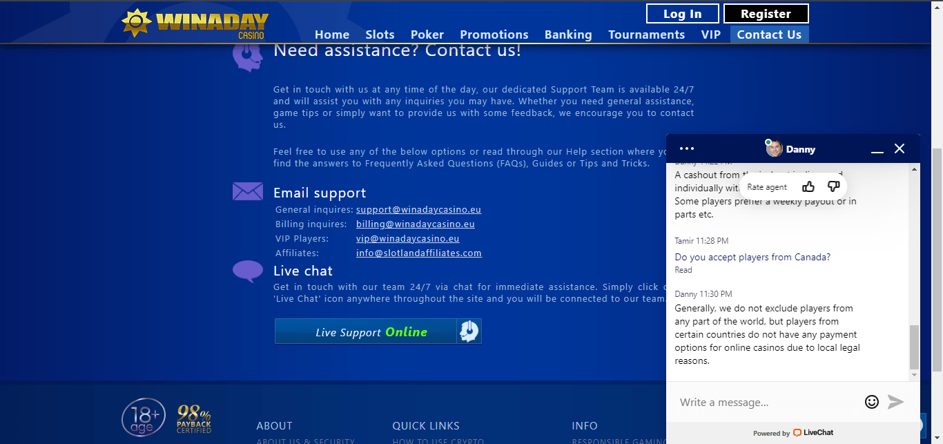 winaday casino customer support