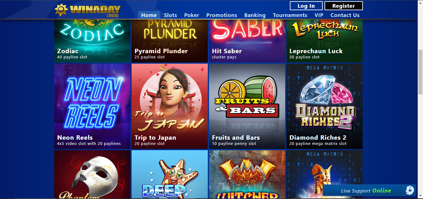 winaday casino homepage game selection