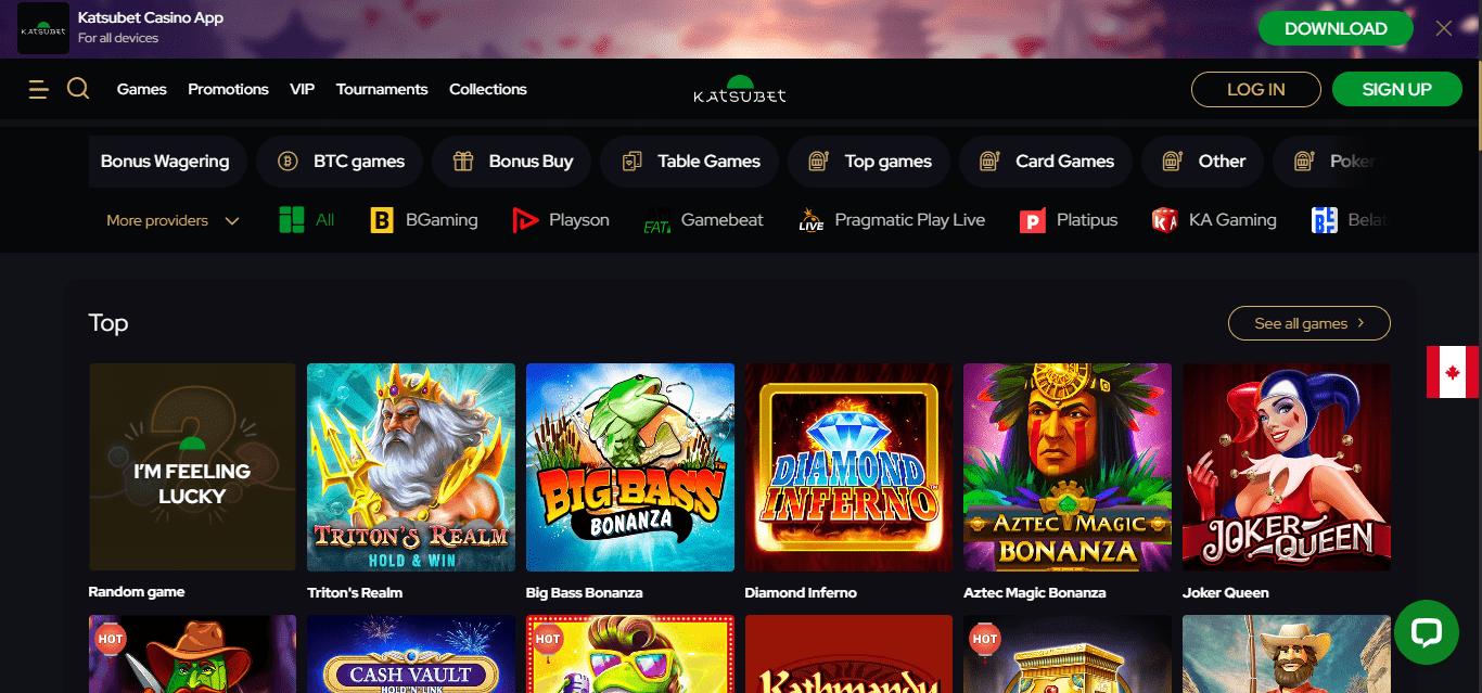 katsubet casino homepage game selection