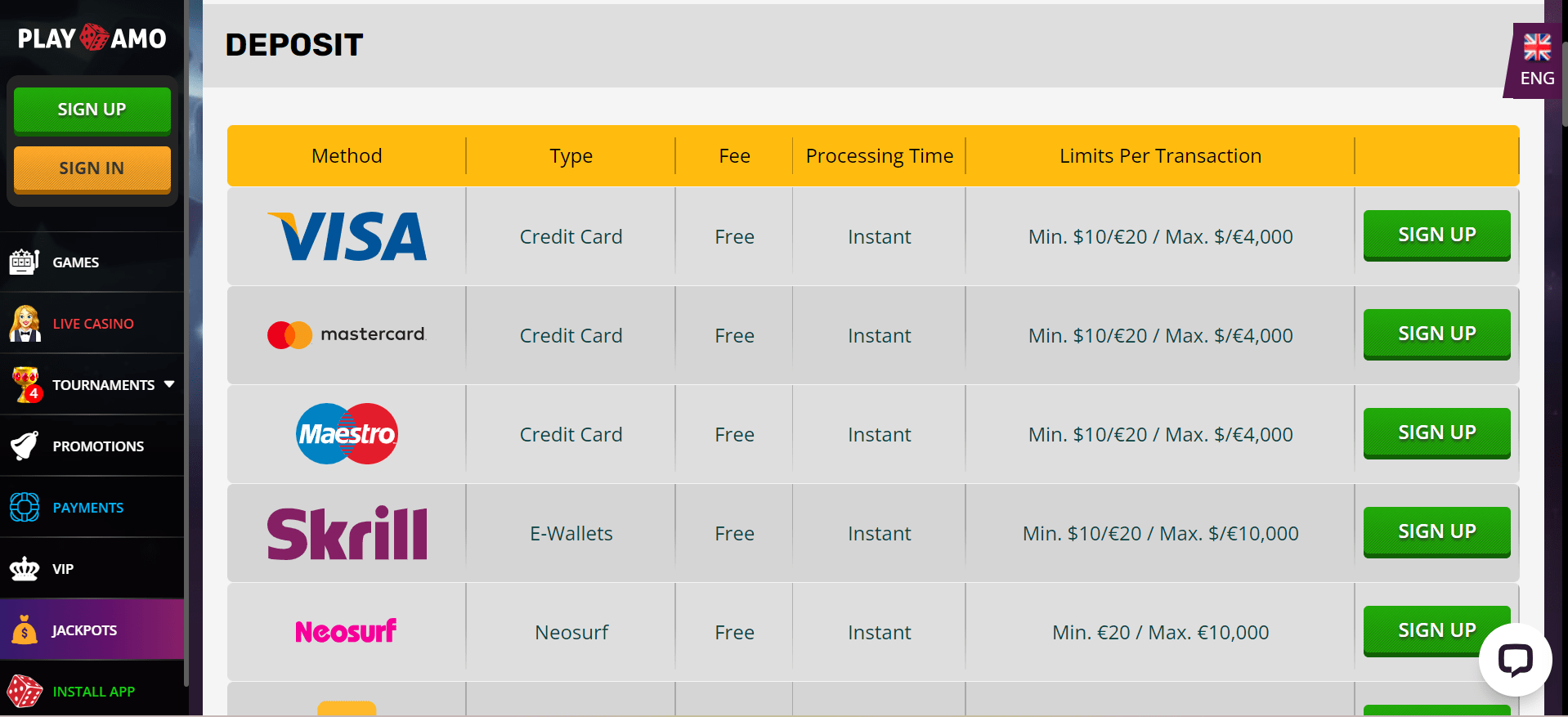 playamo casino deposit methods