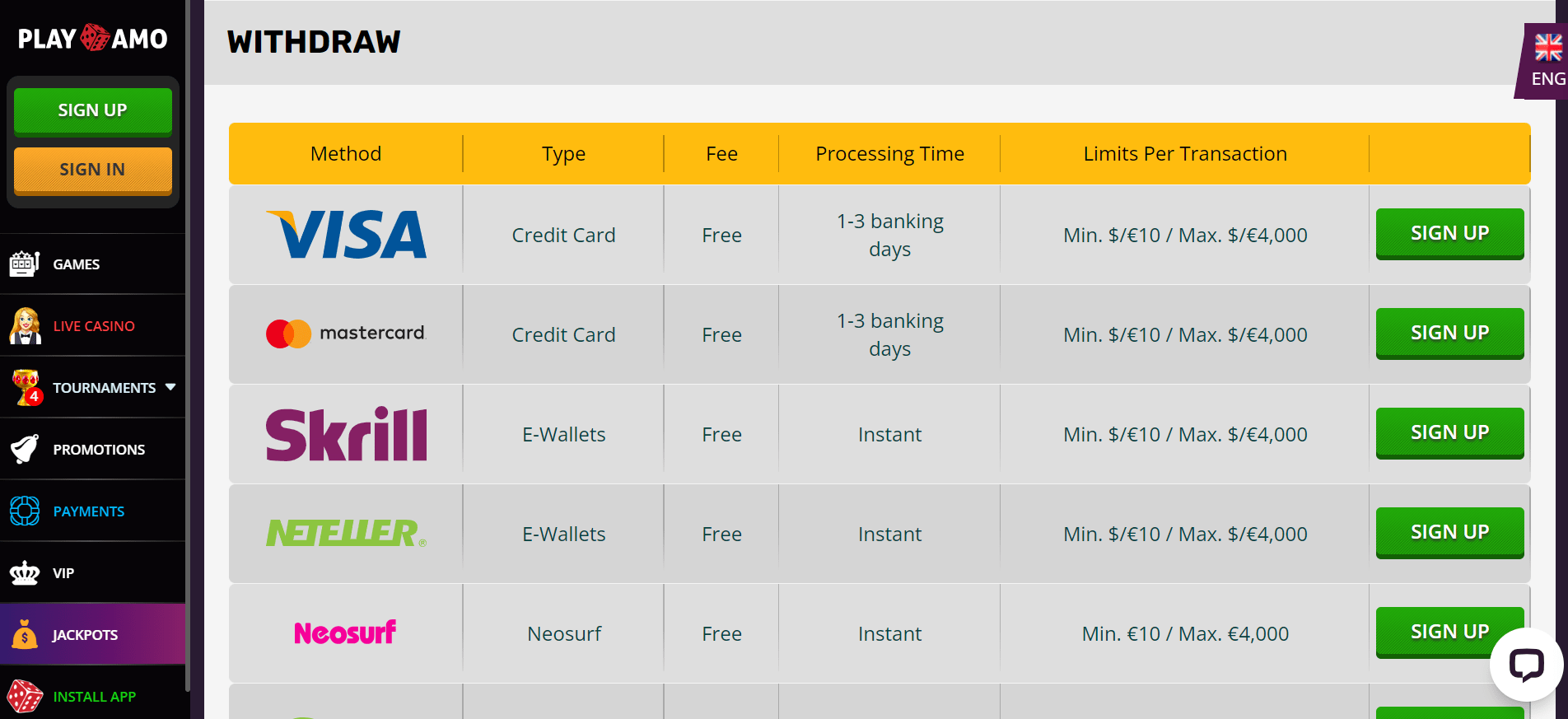 playamo casino withdrawal methods