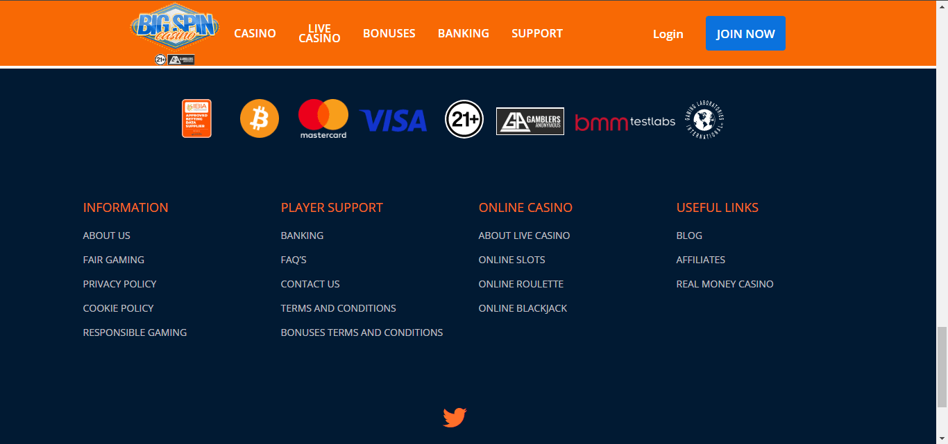 Bigspin casino bottom of homepage