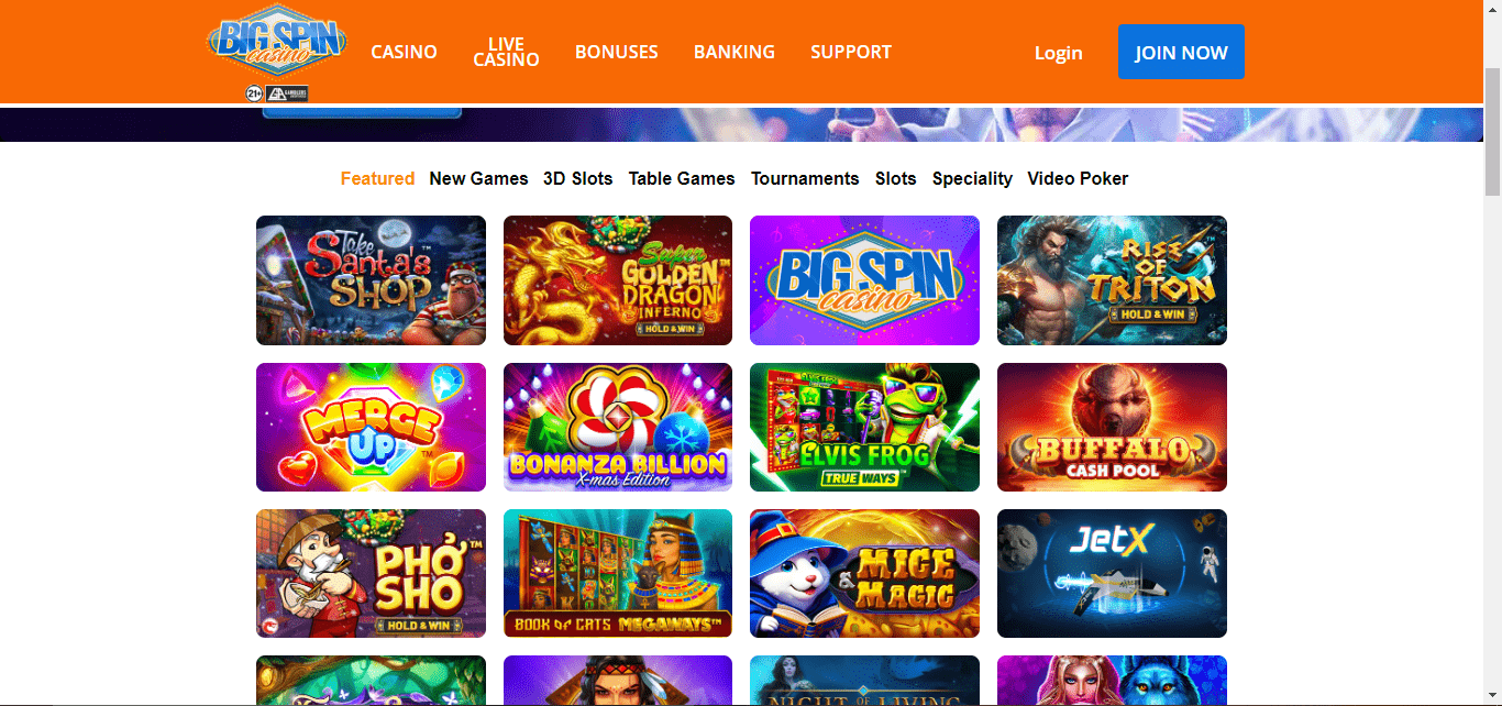 Bigspin casino homepage game selection