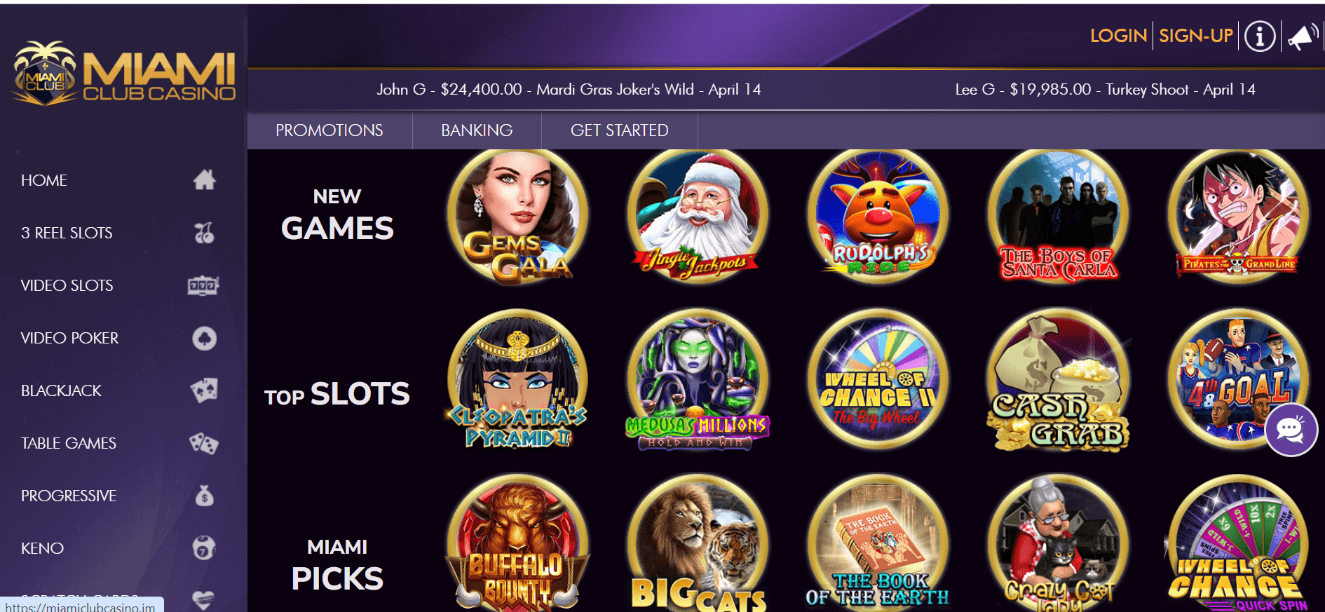 Miami club casino homepage game selection