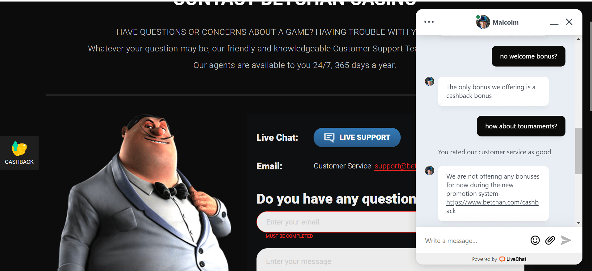 Betchan casino customer support