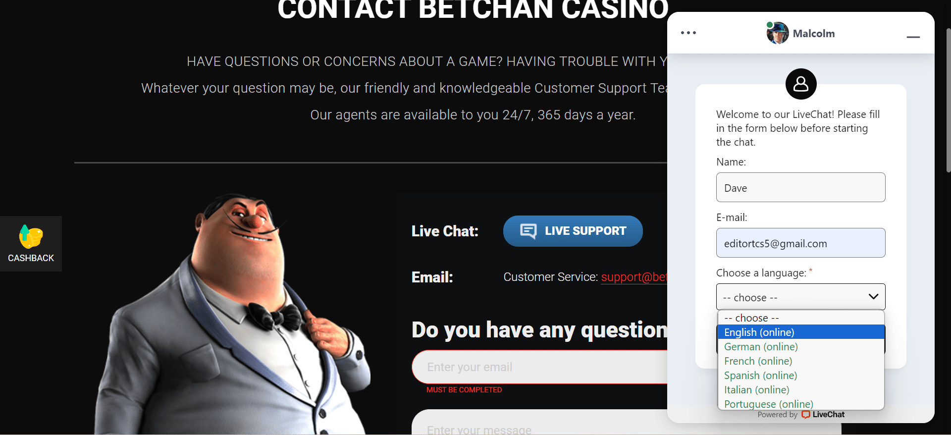 Betchan casino customer support