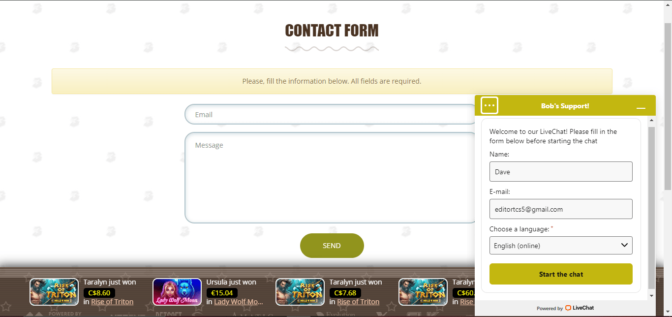 Bob casino customer support