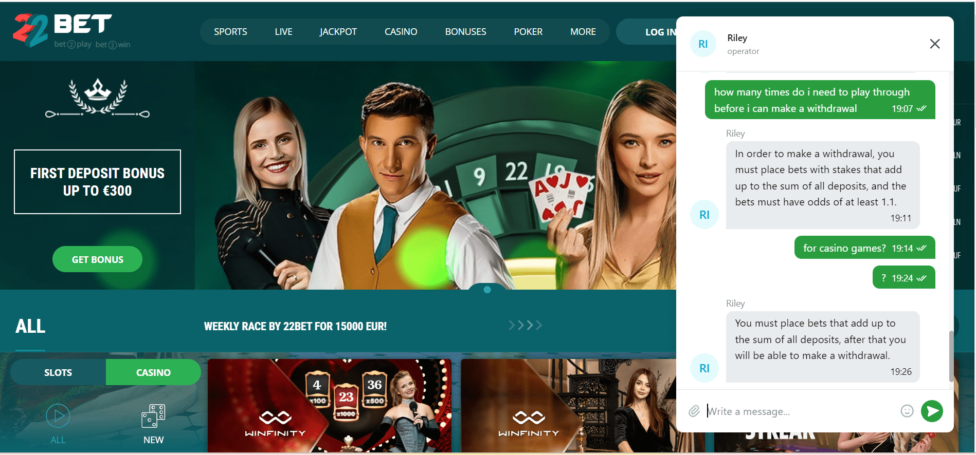 22bet casino customer support 