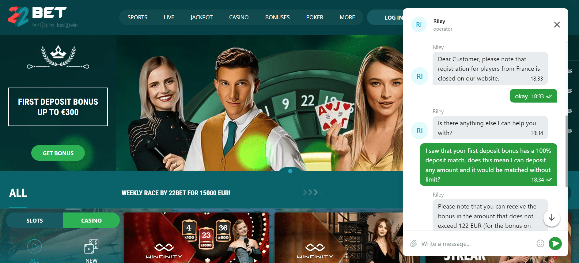 22bet casino customer support 