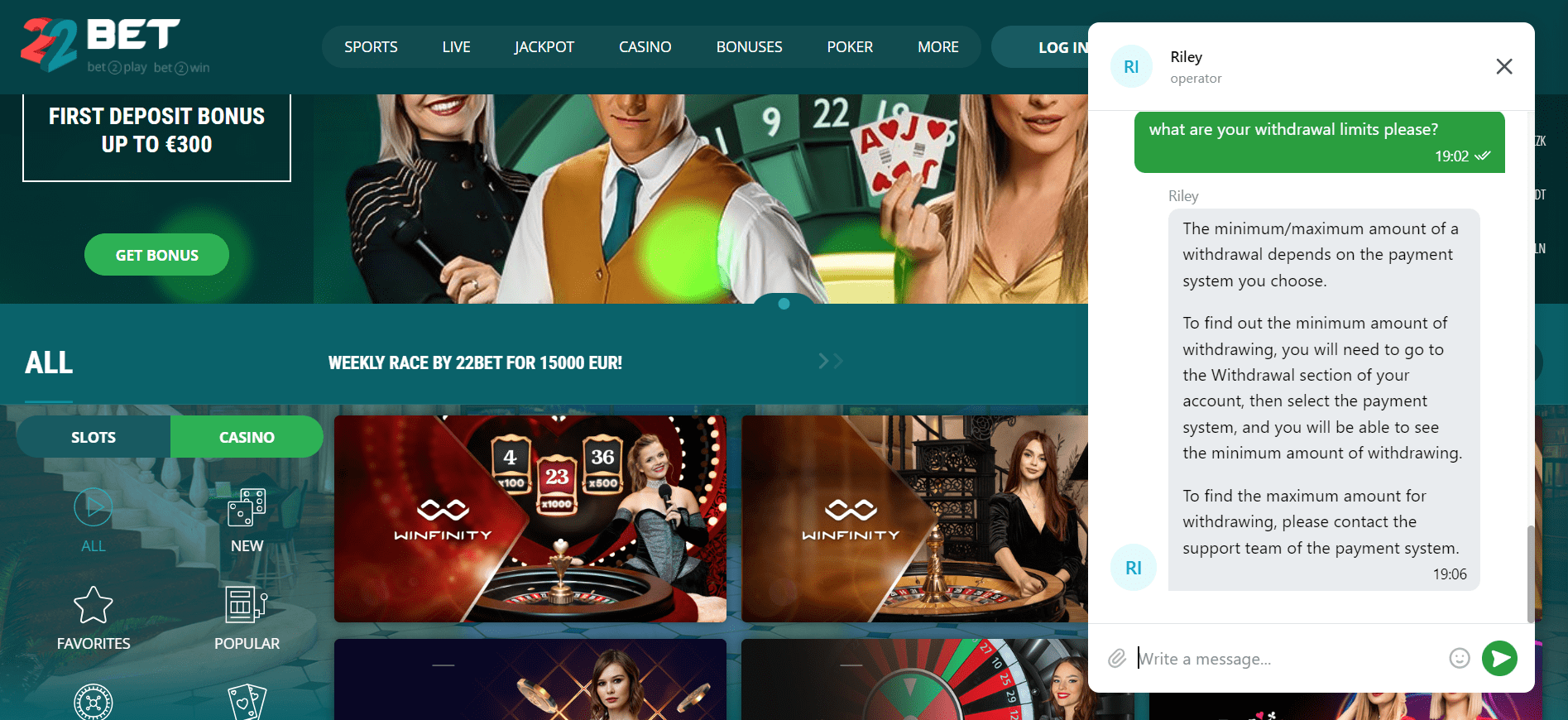 22bet casino customer support 