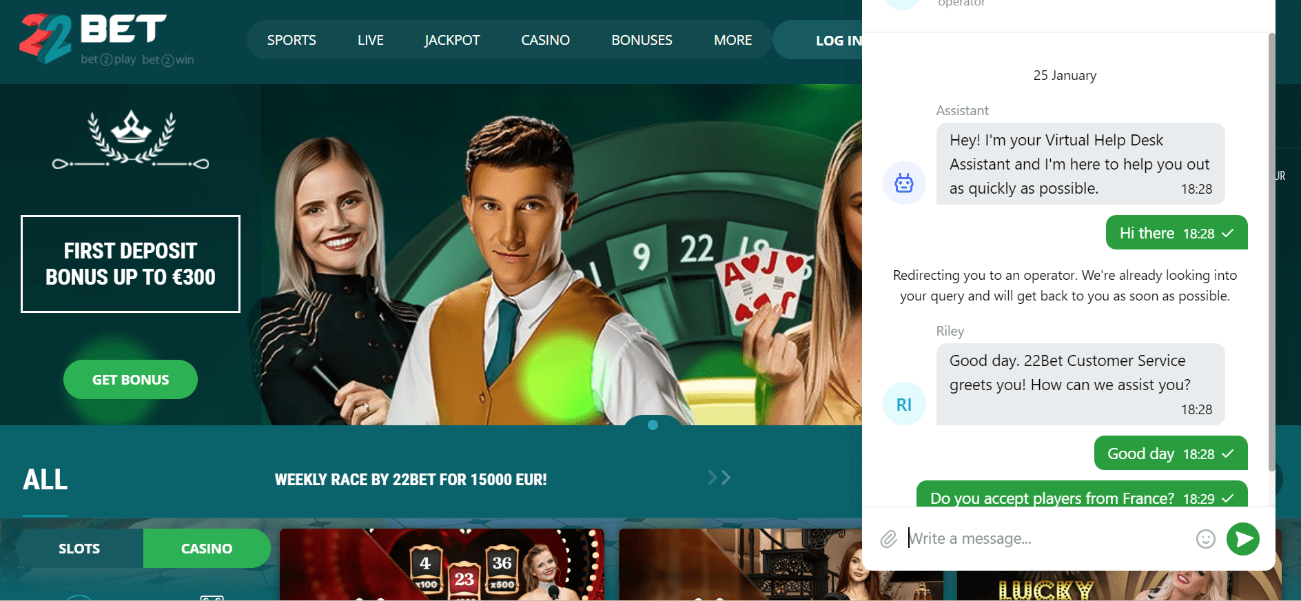 22bet casino customer support 