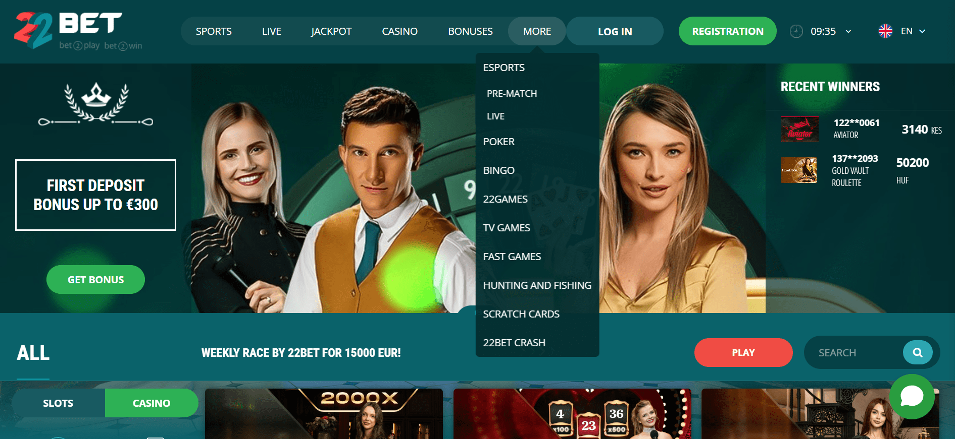 22bet casino homepage navigation