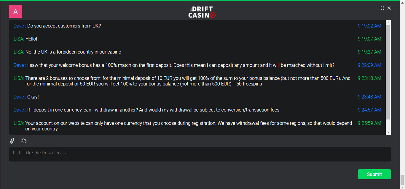 Drift casino customer support