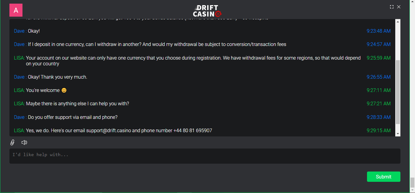 Drift casino customer support