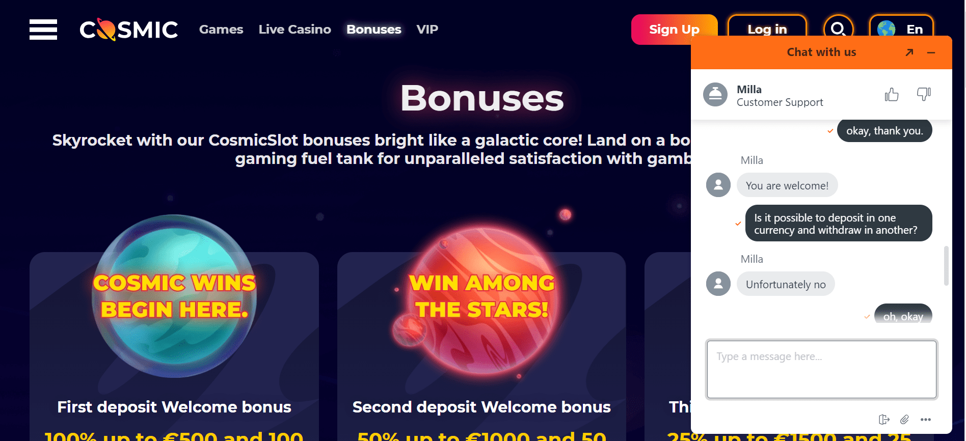 Cosmic Slot casino customer support