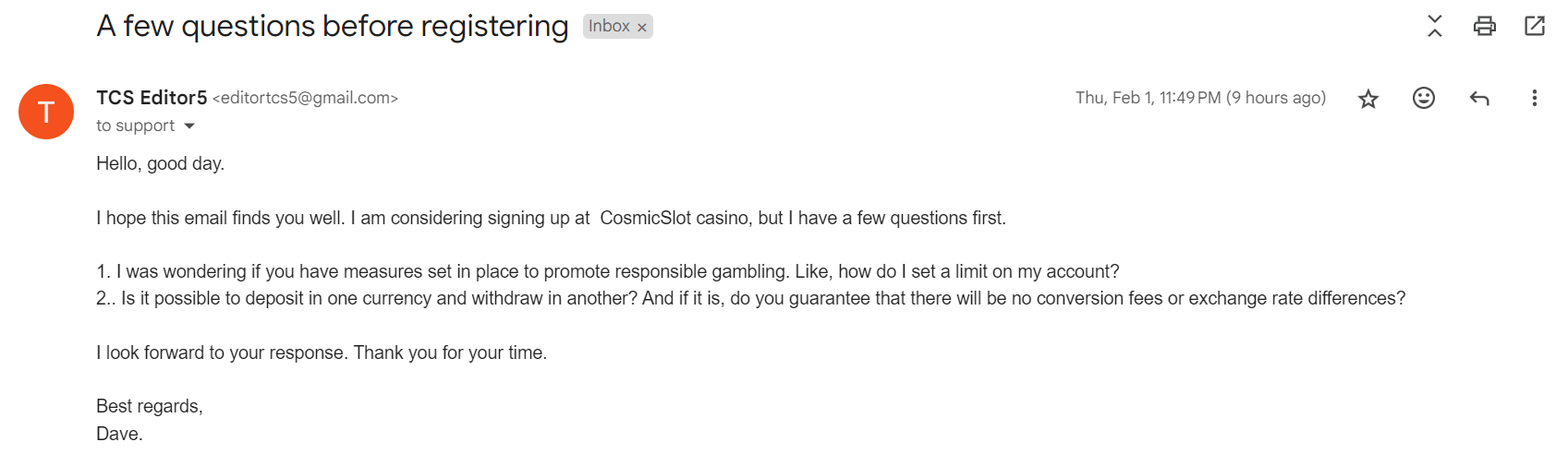 Cosmic Slot casino email support