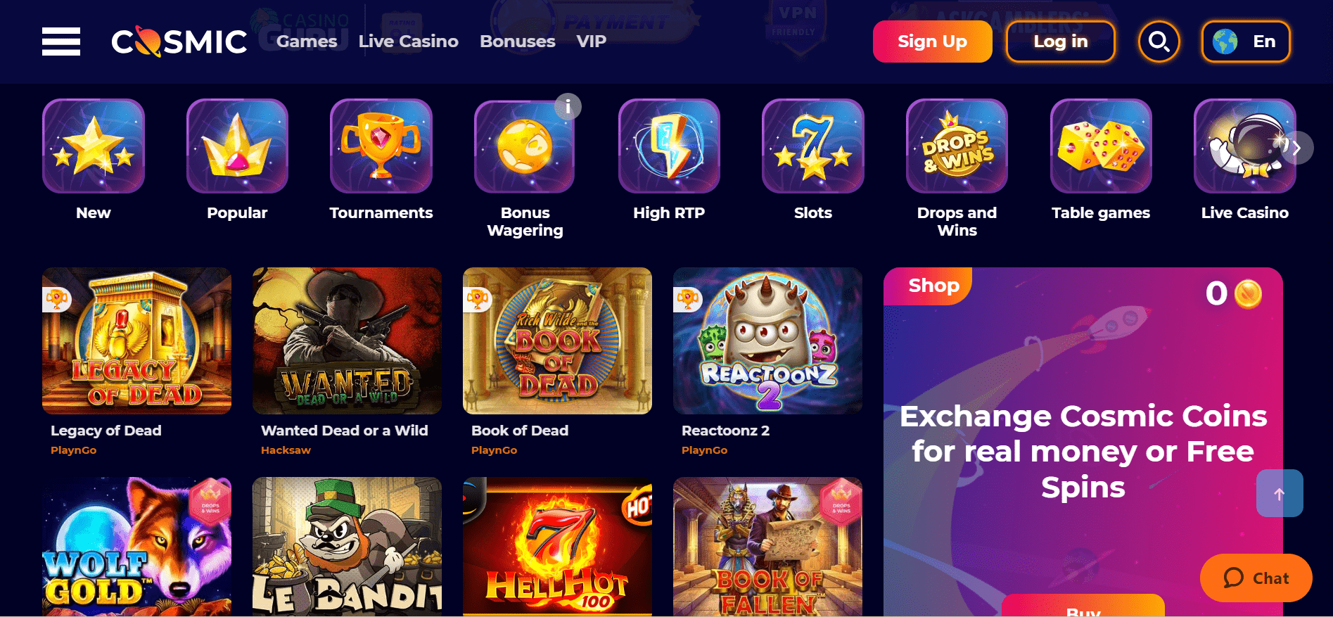 Cosmic Slot casino homepage game selection