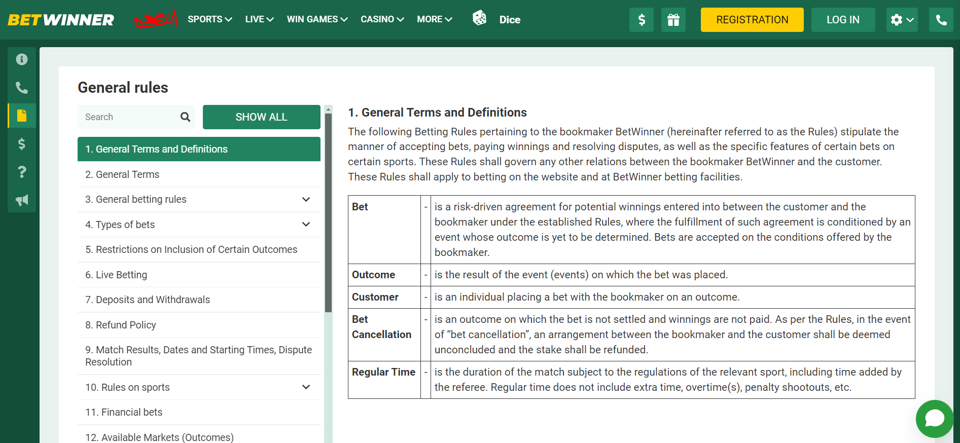 Betwinner casino terms