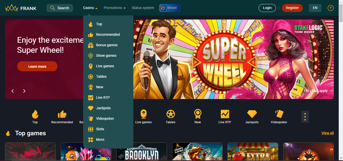 Frank casino game selection