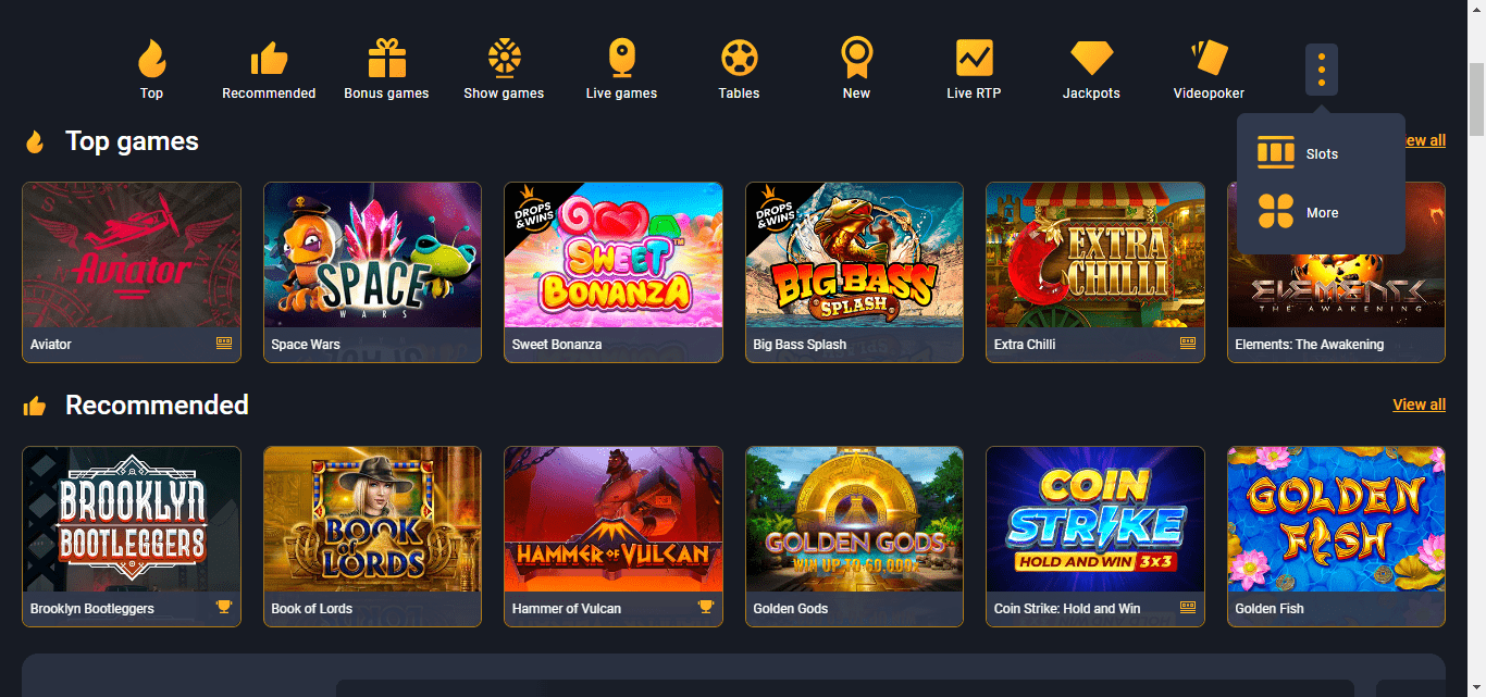 Frank casino homepage game selection