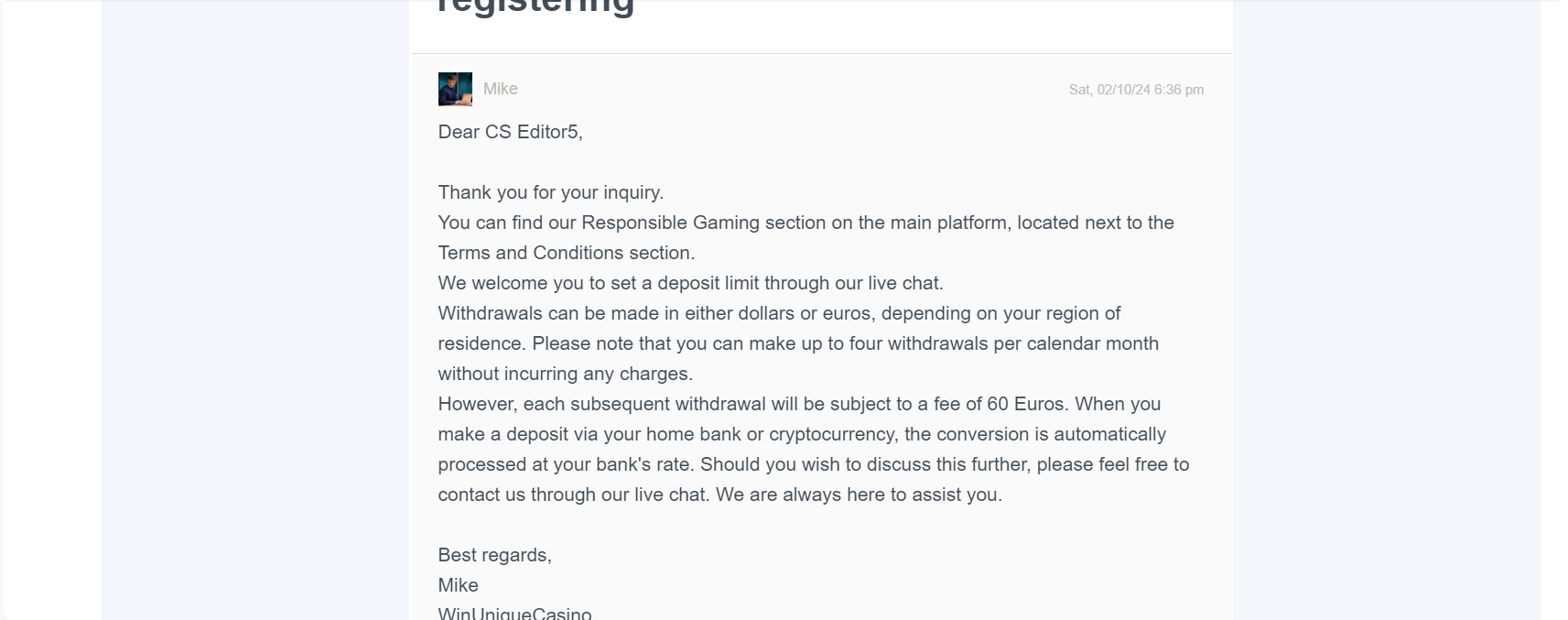 Win Unique casino email support