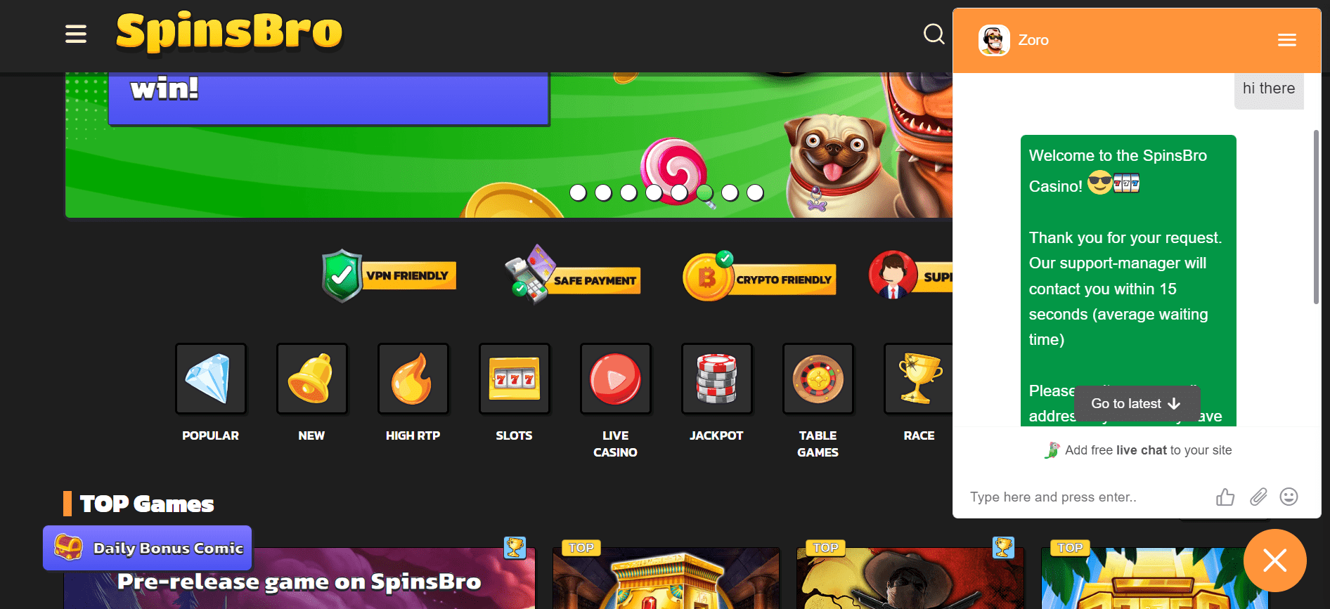 SpinsBro casino customer support