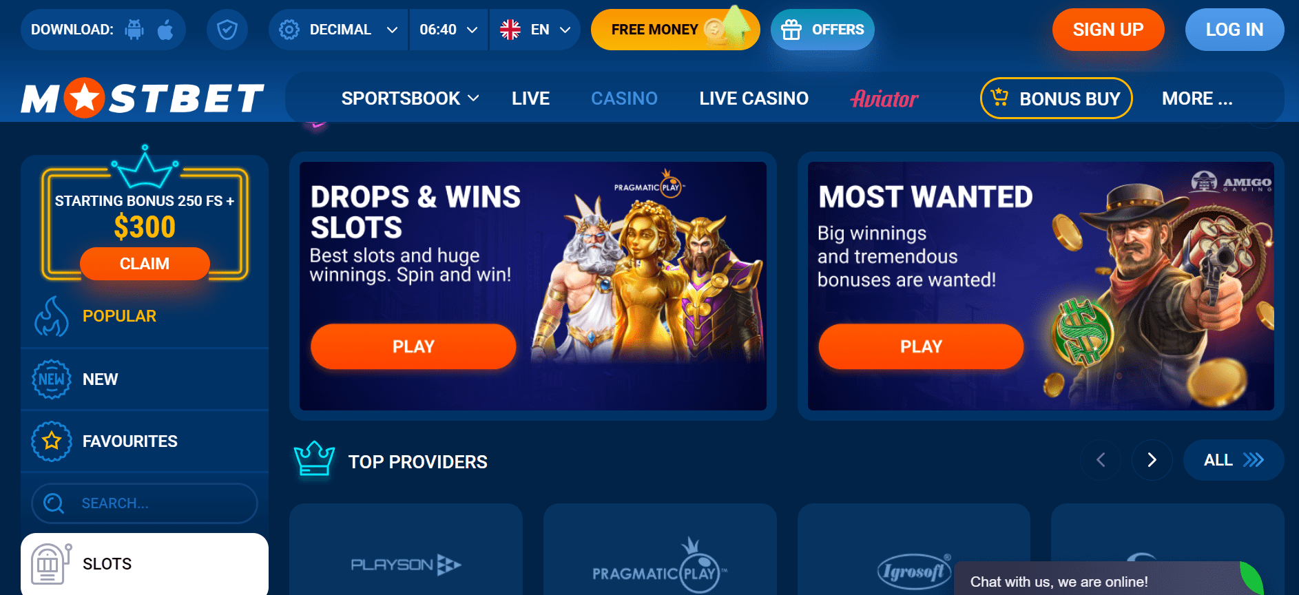 MostBet casino homepage promotions