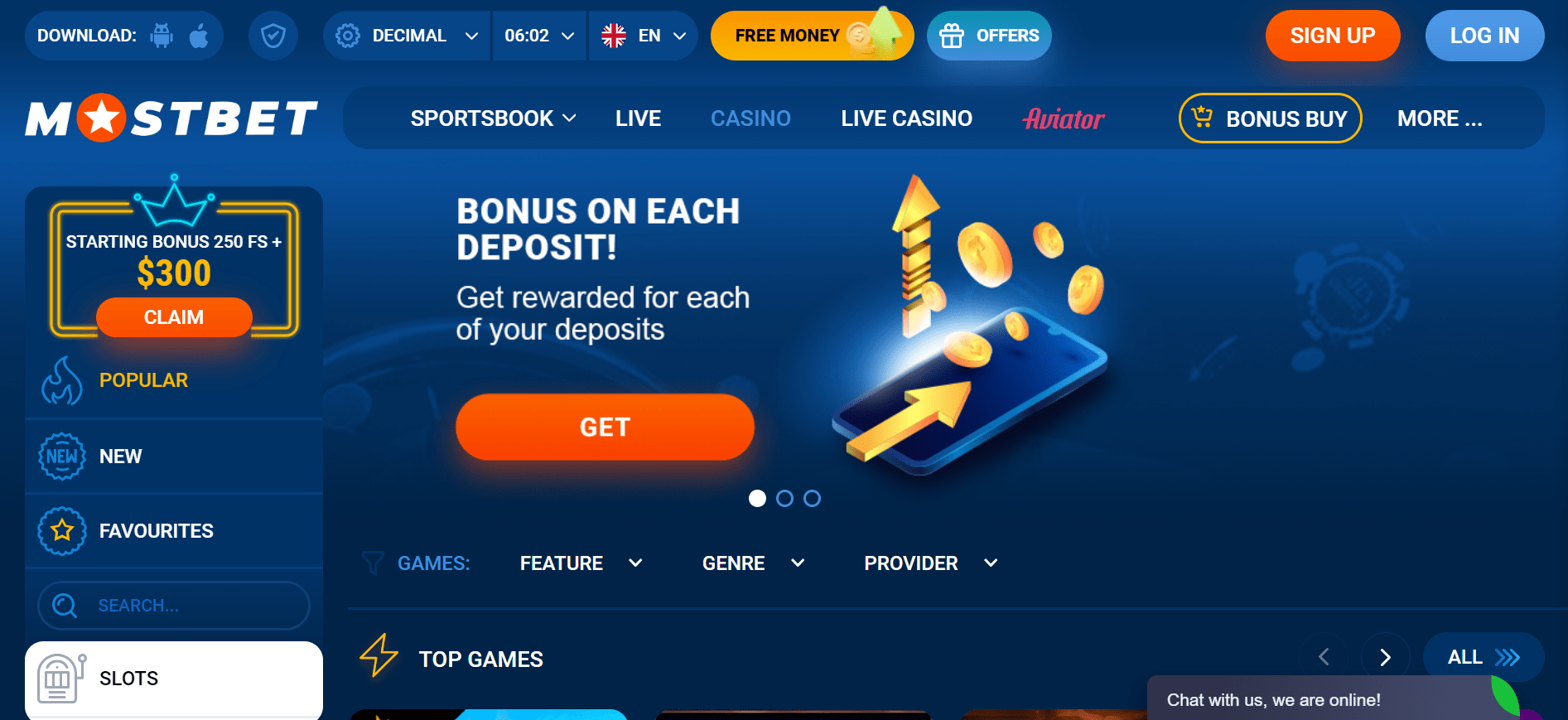 MostBet casino landing page