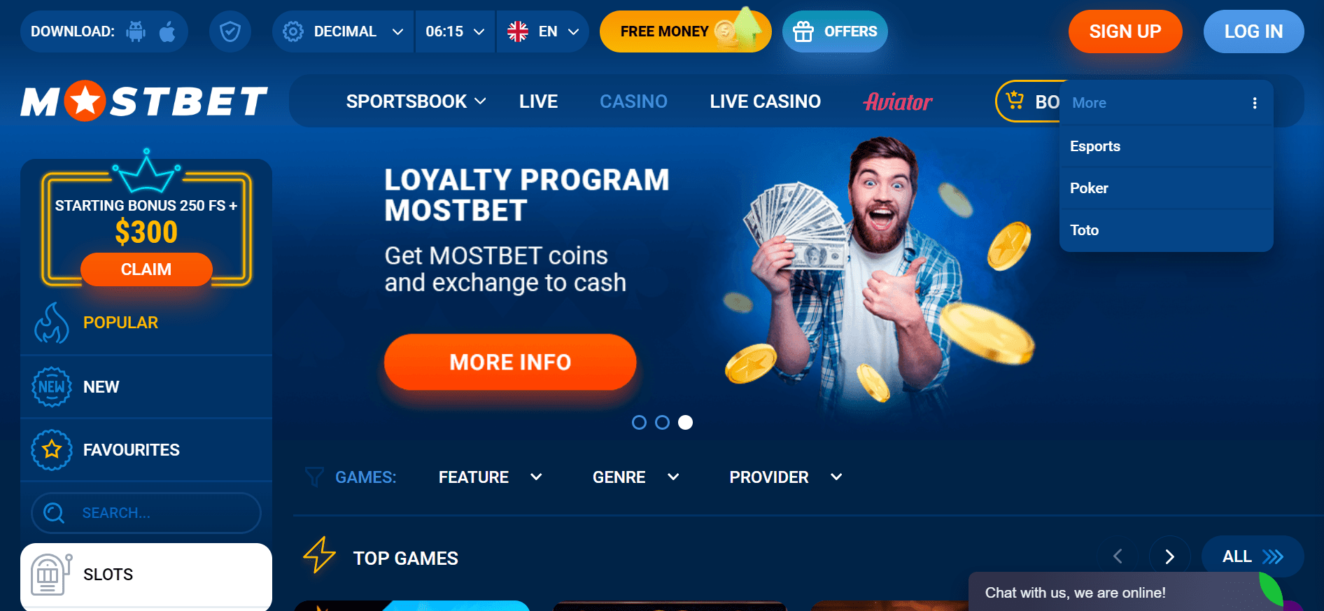 MostBet casino navigation