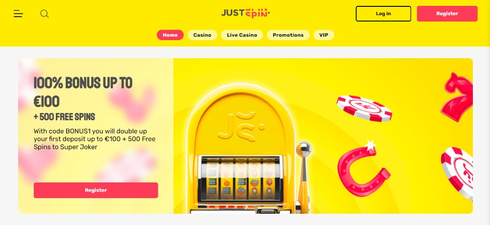 JustSpin casino landing page