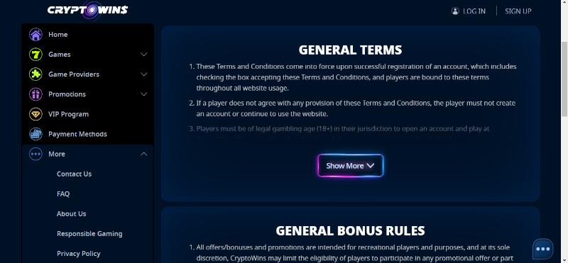 CryptoWins casino terms