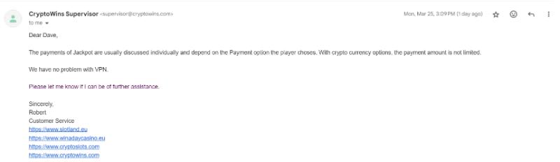 CryptoWins casino email support