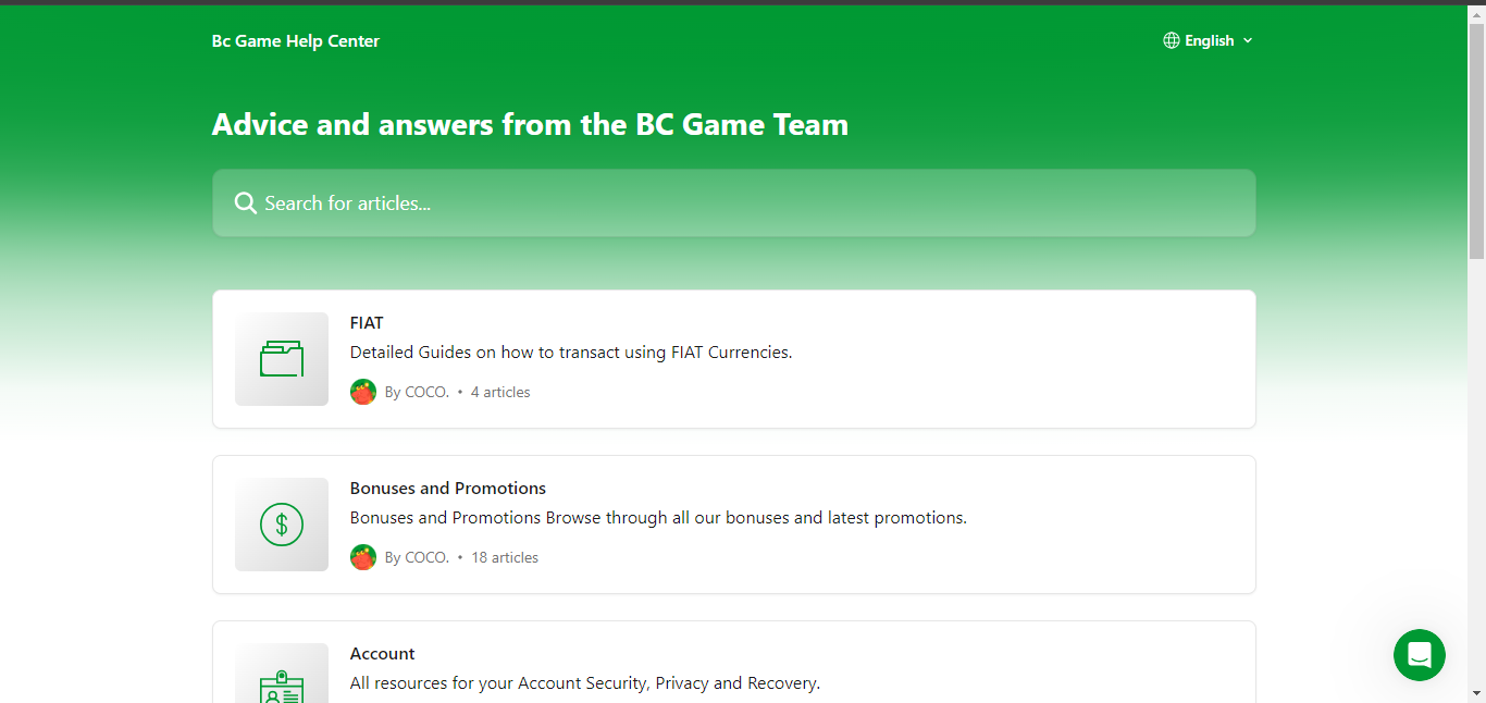 BC.game casino customer support page