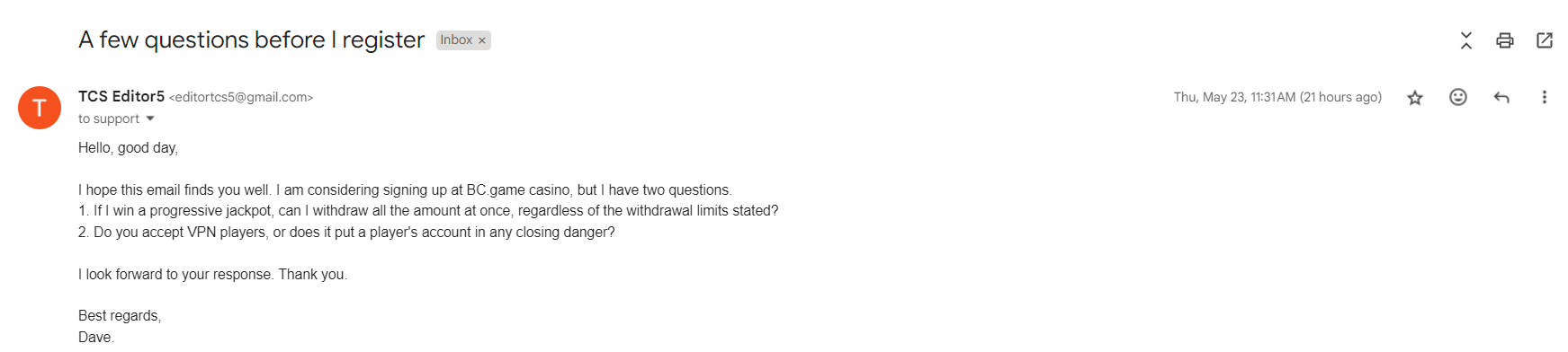 BC.game casino email support