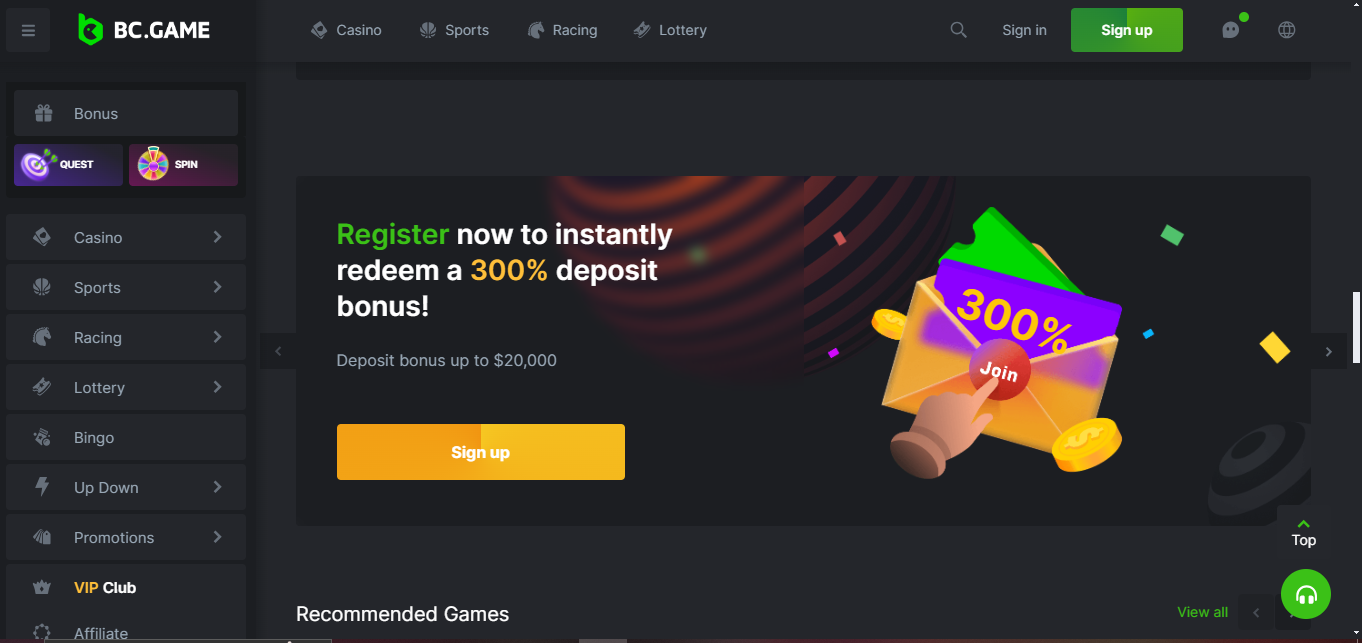 BC.game casino homepage bonuses