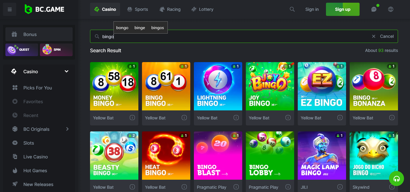 BC.game casino game navigation