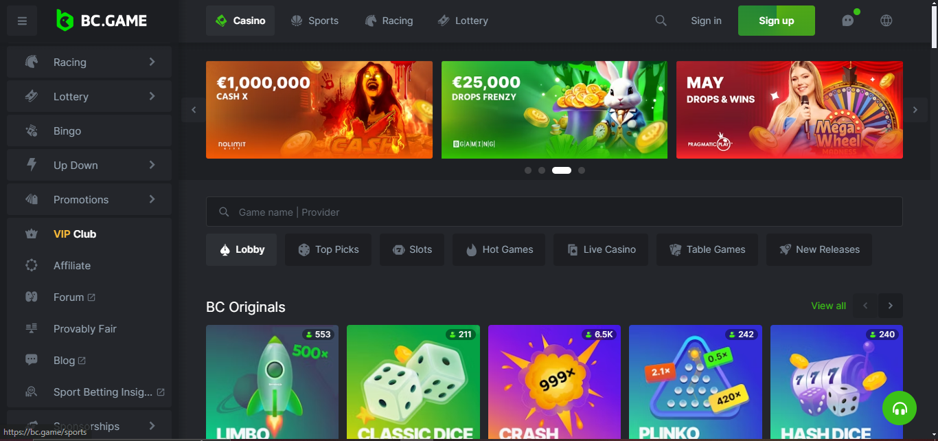 BC.game casino game selection