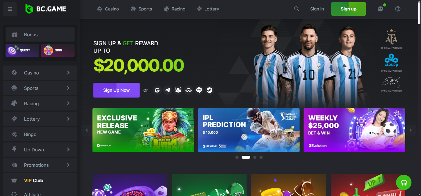 BC.game casino homepage landing page