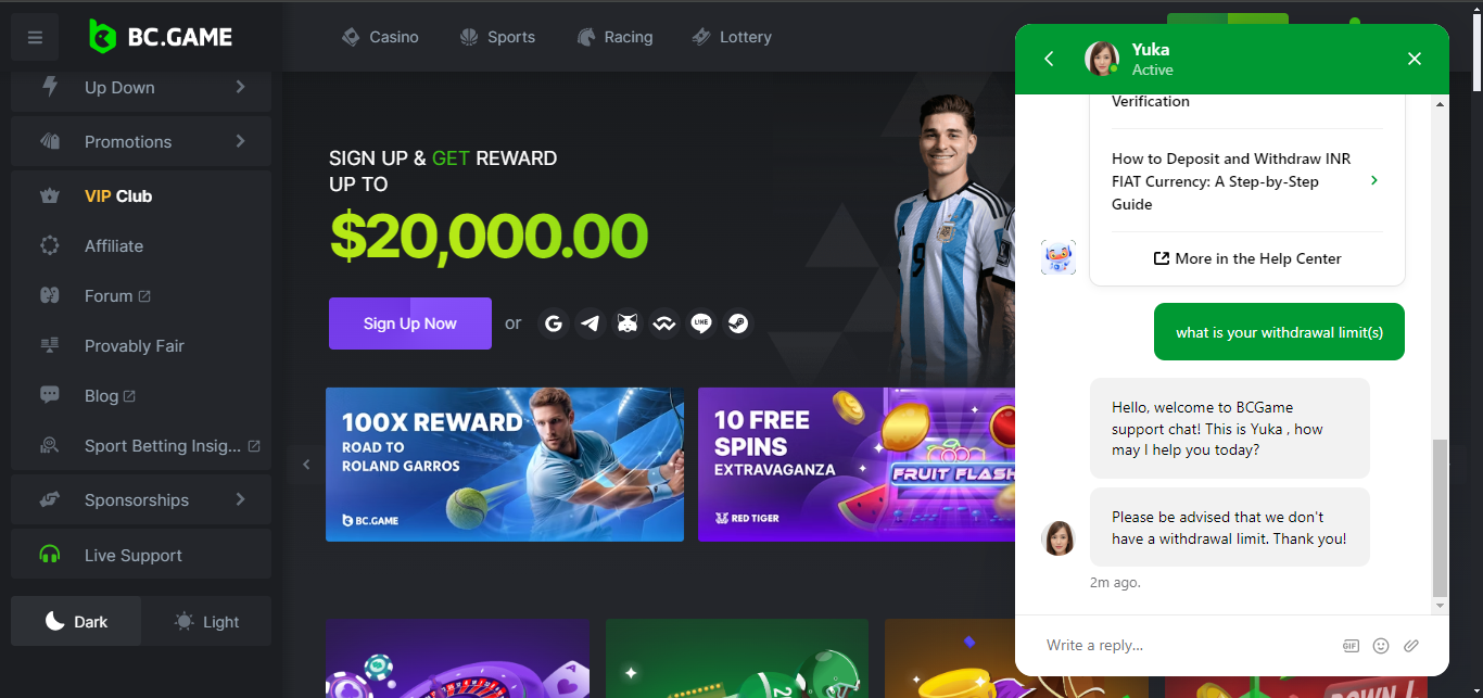 BC.game casino live chat terms