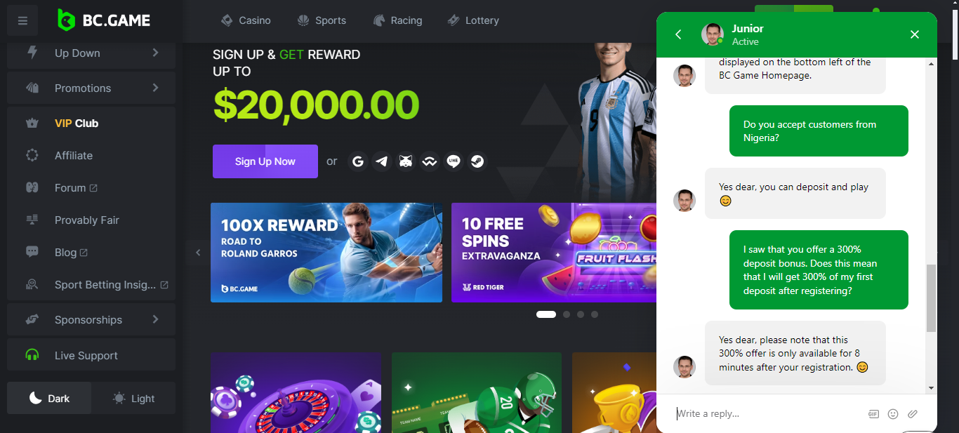 BC.game casino live chat