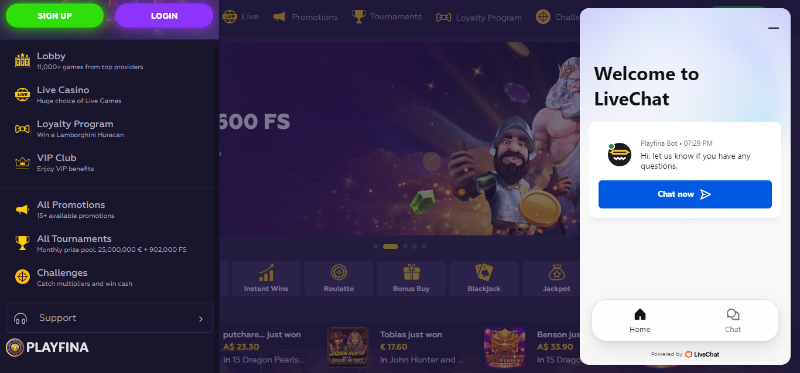 Playfina casino customer support