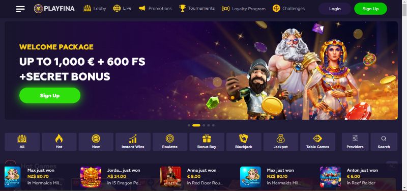 Playfina casino landing page