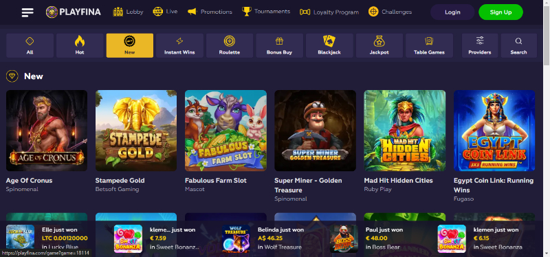Playfina casino game selection