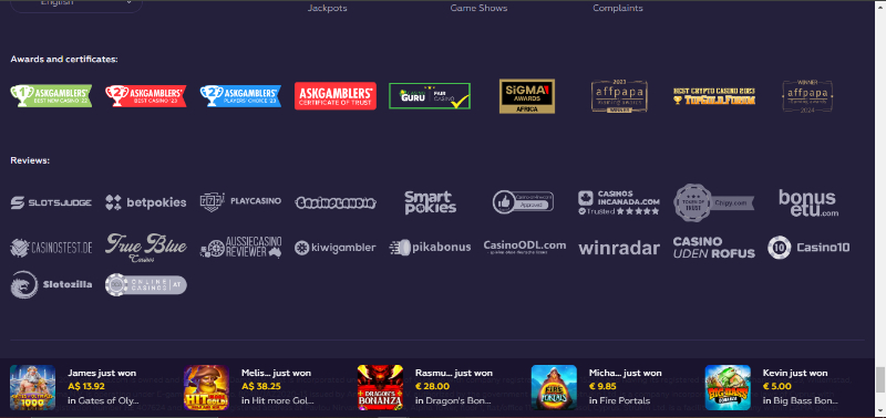 Playfina casino homepage bottom