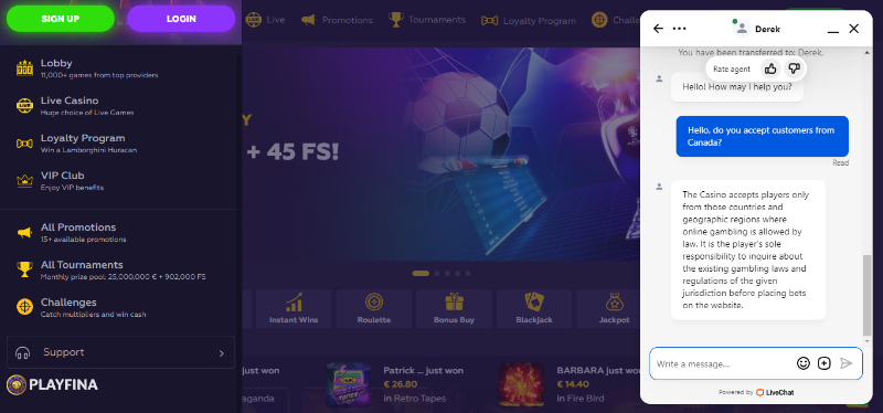 Playfina casino live chat