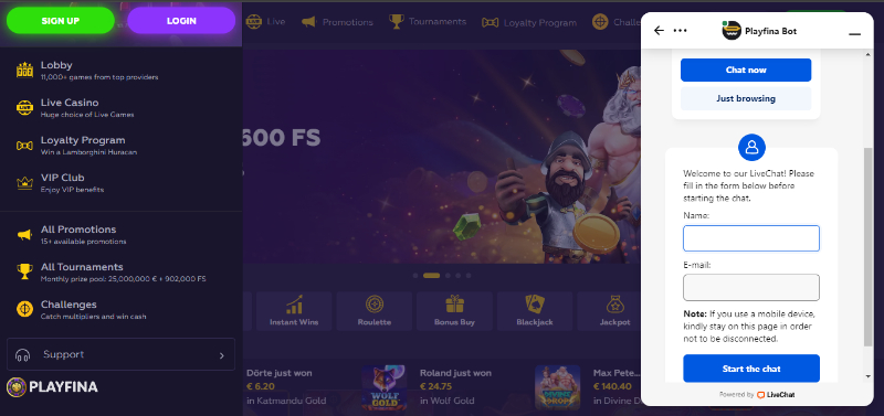 Playfina casino live chat