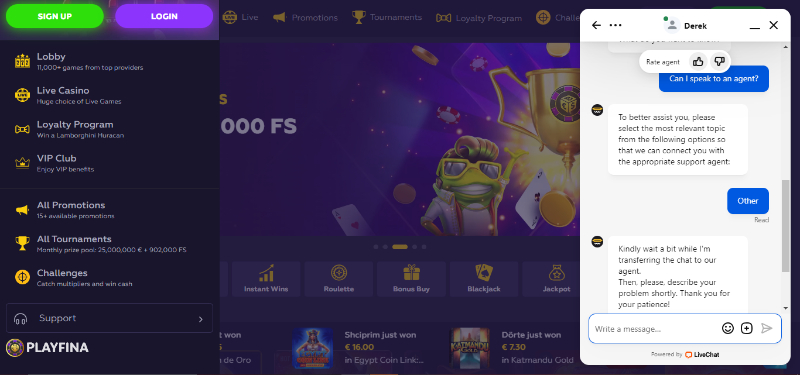 Playfina casino live chat