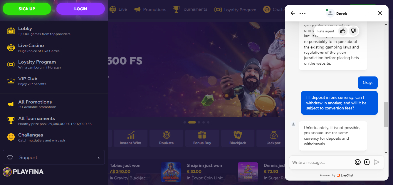 Playfina casino live chat